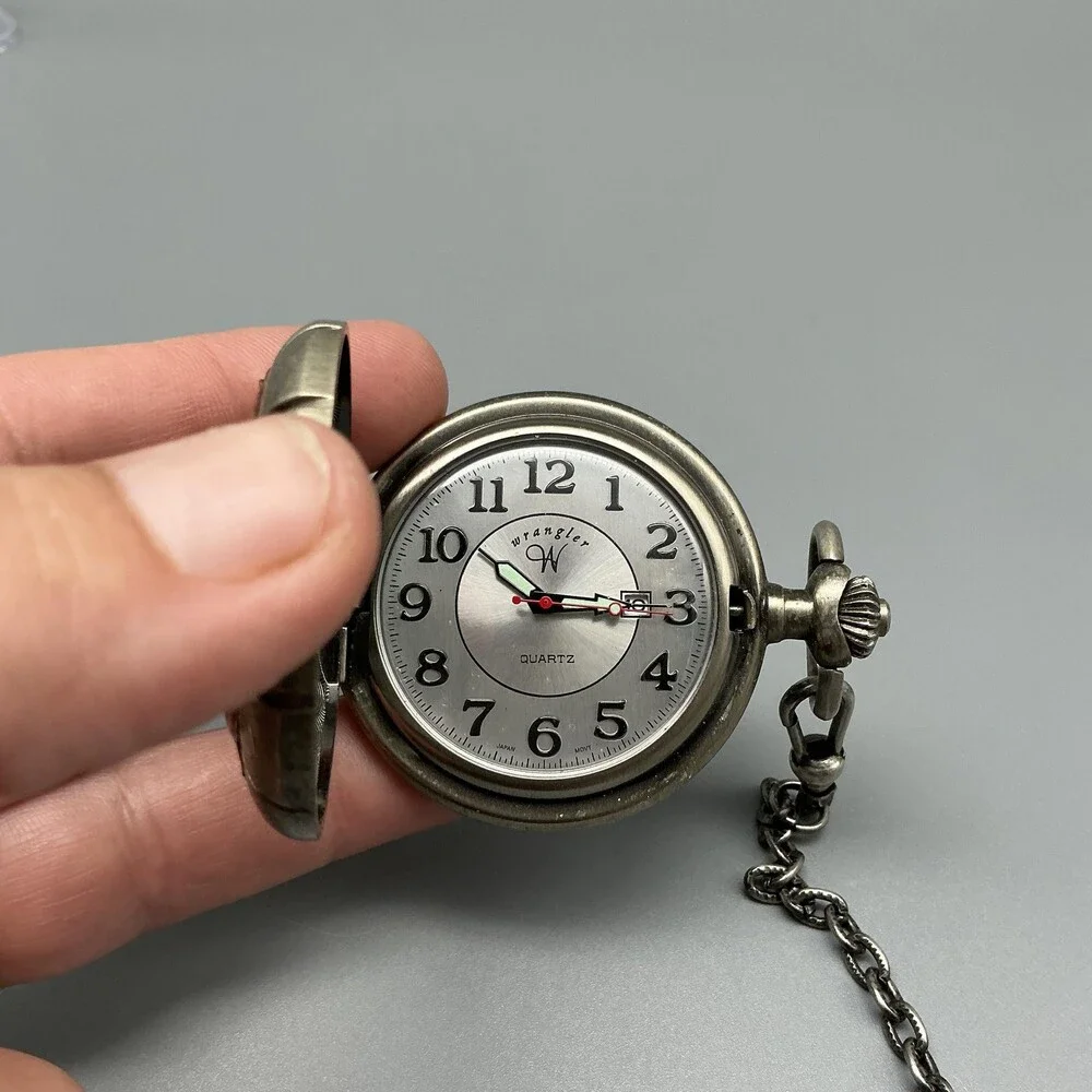 Vtg Wrangler Pocket Watch Men 45mm Silver Tone Leather Logo Chain New Battery